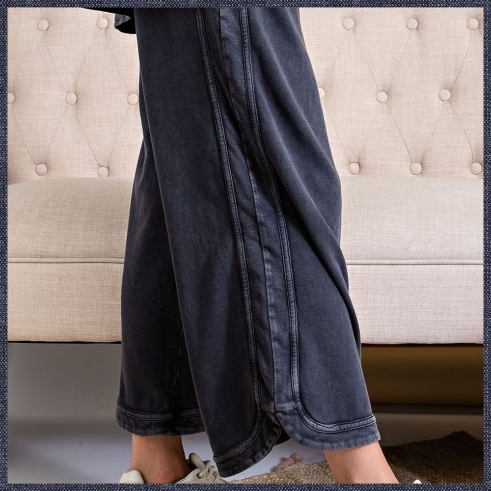 EASEL "So Comfy" Mineral Washed Pants Cotton Terry Side Leg Detail Elastic Waist - Picture 5 of 16